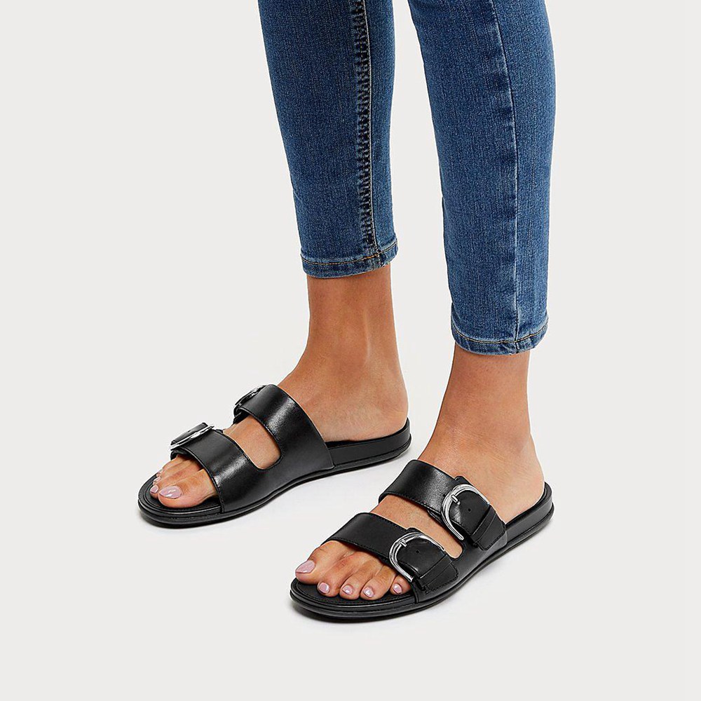 Fitflop Womens Slides - Gracie Buckle Leather - Black - 629-PISODQ